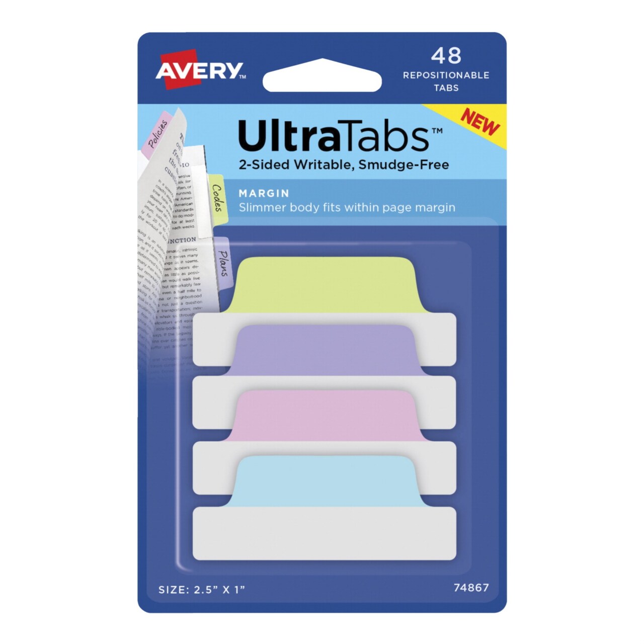 Avery 74867 Repositionable UltraTabs, 2-1/2 x 1 Inch, Pastels, Pack of 48